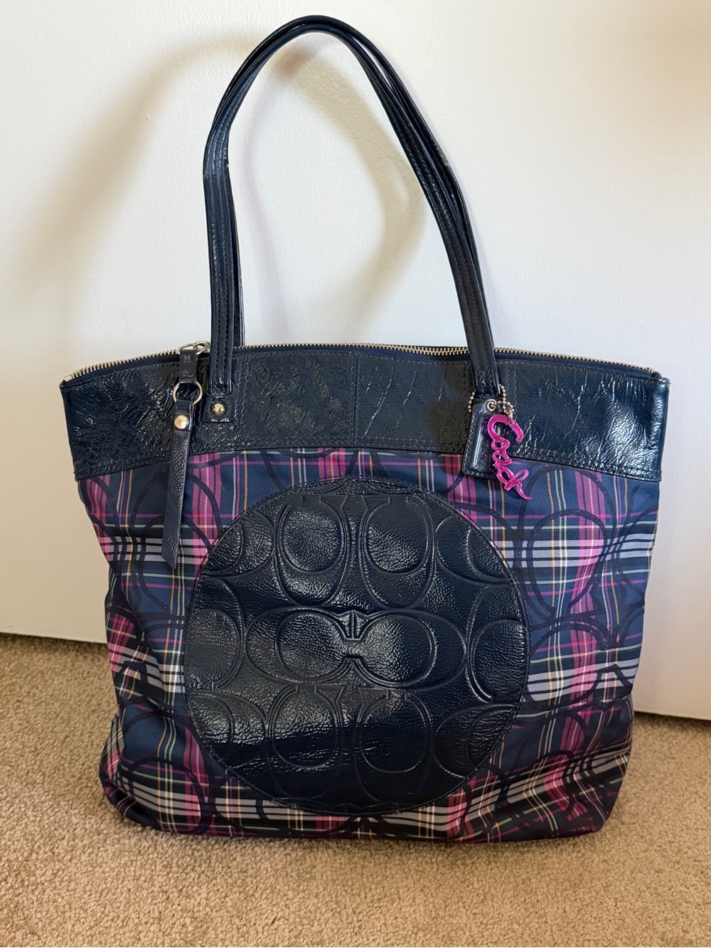Vintage Y2K COACH Laura Tartan Plaid Signature Tote Blue Pink Patent Leather Bag